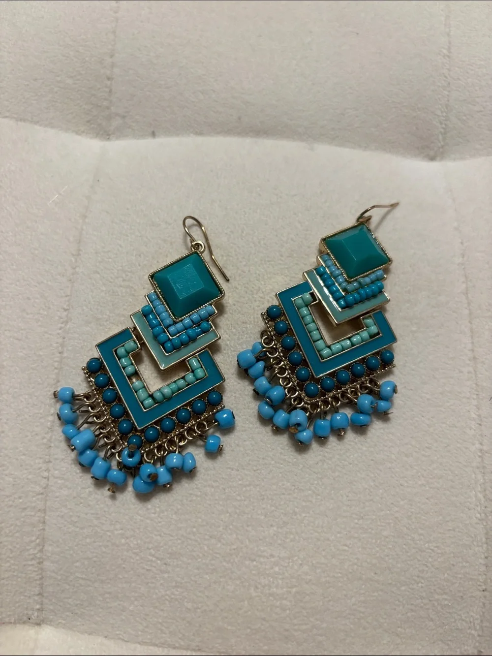 Turquoise Geometric Beaded Drop Earrings - Blue